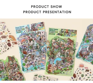Macro detail of high-quality 3D scenery stickers featuring forest and ocean themes