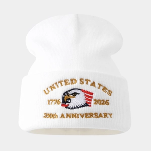 Detailed eagle embroidery on white United States 250th Anniversary knit beanie cap