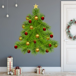 Christmas tree wall decal with green tree and gold stars on a grey living room wall