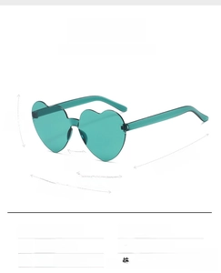 Detailed size specifications for rimless heart-shaped green candy color sunglasses
