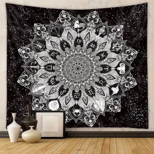 Tapisserie Mandala Zodiaque Noir Et Blanc Constellation Suspension Murale Polyester Déco Bohème Esthétique Mystique