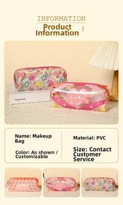 Detailed view of PVC waterproof cosmetic bags with zipper closure and cute printed patterns