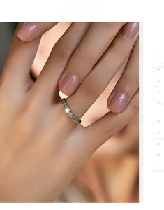 Detailed view of s925 silver ring with alternating round and rectangular cubic zirconia