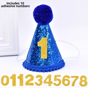 Blue sequin pet birthday hat with fuzzy pom and interchangeable gold glitter numbers