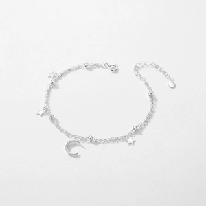 Elegant S925 sterling silver double-layer bracelet with star and moon charms and beads