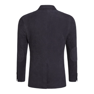 Detailed back view of men wool coat featuring quilted diamond patches on the elbows
