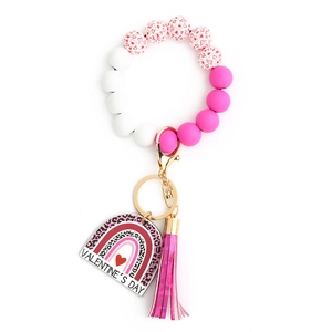 Valentine heart beaded wristlet keychain with pink tassels and rainbow pendant charm