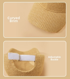 Detail of ginger knit baseball cap featuring curved brim and adjustable strap closure