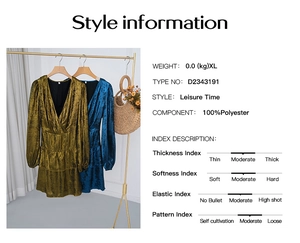 Détails du tableau d'information de style montrant les spécifications des robes à col en V