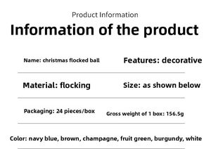 Detaillierte Spezifikationen für beflockte Weihnachtskugeln inklusive Gewicht und Farben