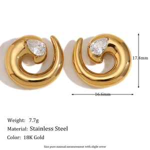 Snake shape 18K gold plated stainless steel earrings with teardrop zircon studs