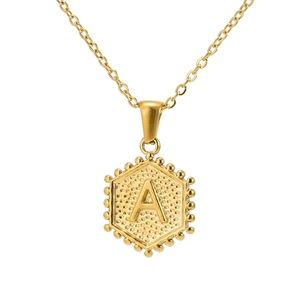 18K gold plated stainless steel hexagonal pendant necklace with letter A on white background