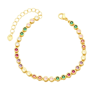 Chic gold-plated tennis bracelet with colorful round-cut cubic zirconia and heart charm