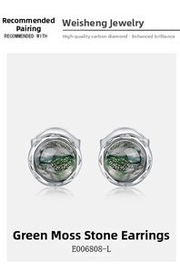 Macro detail of Green Moss Agate earrings with S925 silver geometric settings and natural texture