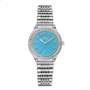 Elegant women's quartz watch with sky blue dial and rhinestone-encrusted steel strap