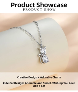 Detailed view of 999 sterling silver cat pendant necklace with cubic zirconia
