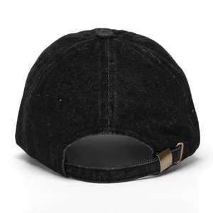 Adjustable back metal buckle and six-panel denim texture on dark grey baseball cap