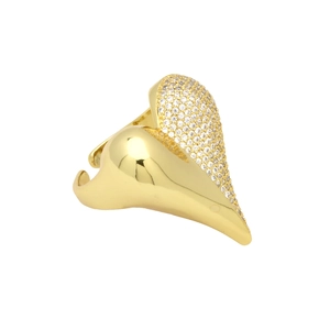Close-up of heart-shaped open ring featuring half polished gold and half pave zircon