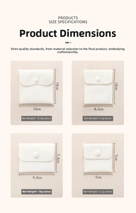 Size specifications for various velvet jewelry pouches with precise measurements and weights