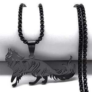 Detailed view of the laser-cut black stainless steel walking cat pendant on a chain