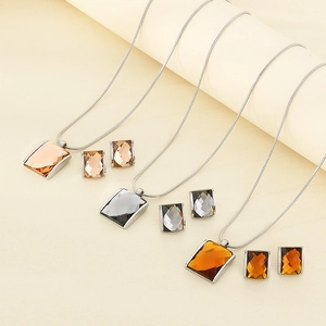 Stainless Steel Jewelry Necklace And Stud Earrings Square Faceted Glass Pendant Snake Chain Trendy Geometric Fashion For Women