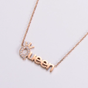 Rose gold Queen crown pendant necklace with zircons on stainless steel cable chain