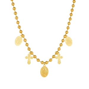 Gold beaded necklace with vintage cross and Saint Joseph oval religious pendants