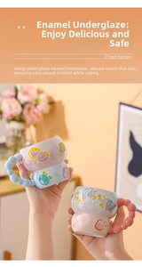 Macro detail of hand-painted embossed ceramic mug featuring a 3D hot air balloon design