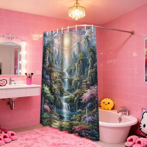 Detail eines wasserdichten Duschvorhangs mit 3D-Fantasy-Wasserfall und nebliger Berglandschaft