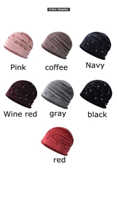 Detailed color selection showing chenille knit hats with pearl and rhinestone accents