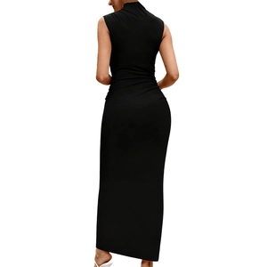 Elegant sleeveless high neck maternity maxi dress in black with a slim fit silhouette