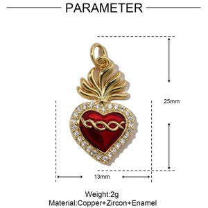 Detailed parameter diagram of red enamel heart pendant with white zircon and copper finish