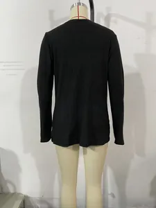 Detail of black ribbed knit cardigan featuring vertical texture and slim fit back view