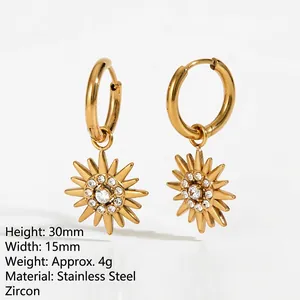 Elegant gold stainless steel sunburst earrings with white zircon inlays and dimensions