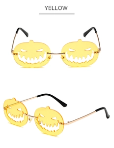 Detailed front and side views of pumpkin-shaped Halloween sunglasses with hollowed-out lenses