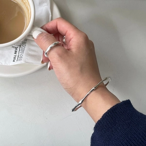 Minimalist 925 sterling silver irregular wavy open bangle and polished ring set for women