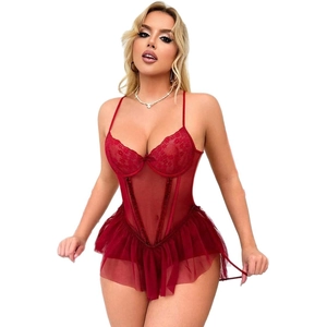 Body en dentelle rouge foncé avec panneaux en maille transparente et broderies florales