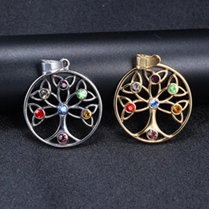 Close-up of Viking Tree of Life pendants featuring multi-colored rhinestones in gold and silver