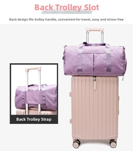Detail of purple travel bag with functional back sleeve secured on suitcase handle