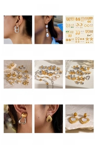 A collage showing various gold and silver titanium steel earrings and necklaces with hearts