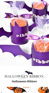 Detail of Halloween Hocus Pocus purple ribbons and festive orange bows for DIY gift wrapping