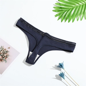 Dark blue ribbed cotton thong for women, low waist breathable T-back with leaf decor