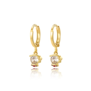 Sparkling gold coffee cup earrings with white and red zircon stones in a sleek hoop design