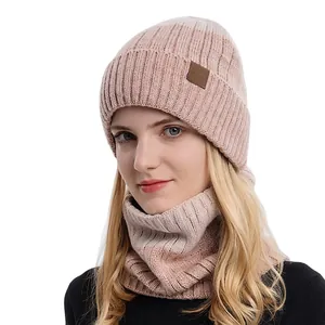 Winterse thermische gebreide muts en nekwarmer set in roze voor heren en dames, warm