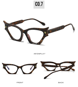 Three-way view of retro cat eye sunglasses with leopard pattern and bird metal decor