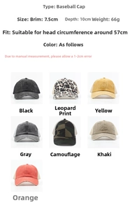 Detailed size specifications for washed mesh baseball caps in seven vibrant colors