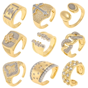 Fashion Zirconia Copper Open Adjustable Ring For Women Two Tone Gold Silver Plated Cross Star Geometric Finger Jewelry