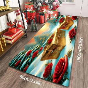 Christmas floral runner rug with red roses and gold gifts for hallway on wood floor
