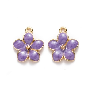 Detailed view of purple enamel cherry blossom charms with gold metal edges for DIY jewelry