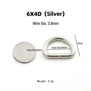 Polished silver metal D-ring buckle with 3.8mm thickness and 20mm inner diameter